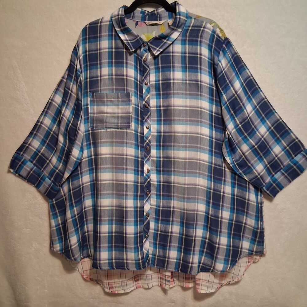 Soft Surroundings 3X Top Serena Button Front Sheer Back Embroidered Blue Boho - Picture 2 of 11
